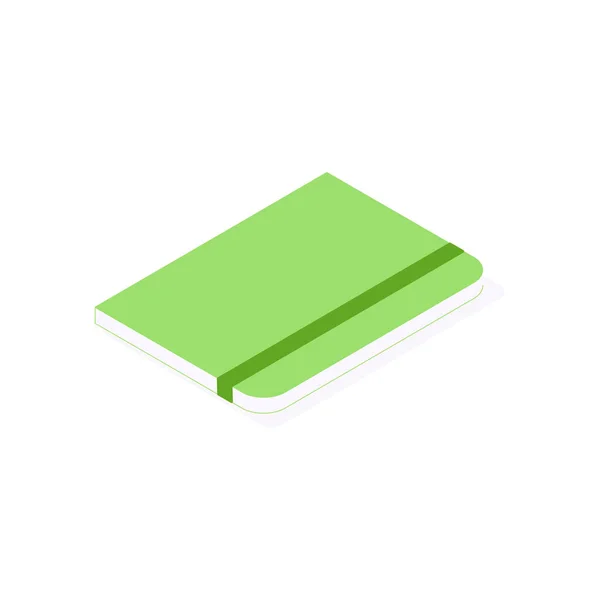 Χαρτί σημειωματάριο ισομετρική εικόνα, πράσινο βιβλίο αντίγραφο με ελαστική κορδέλα απομονώνονται σε λευκό φόντο. — Διανυσματικό Αρχείο