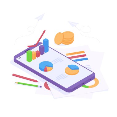 Cep telefonu, kağıt belgeler ve madeni para üzerinde grafikleri olan iş analizi izometrik kavramı.