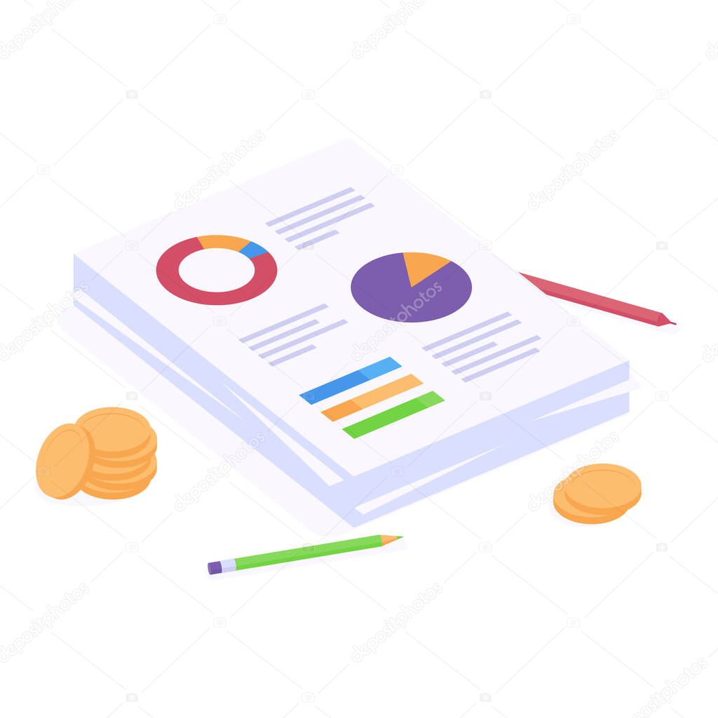 Business analytics report isometric vector illustration. Stack of paper documents with pie graphic and bar chart.
