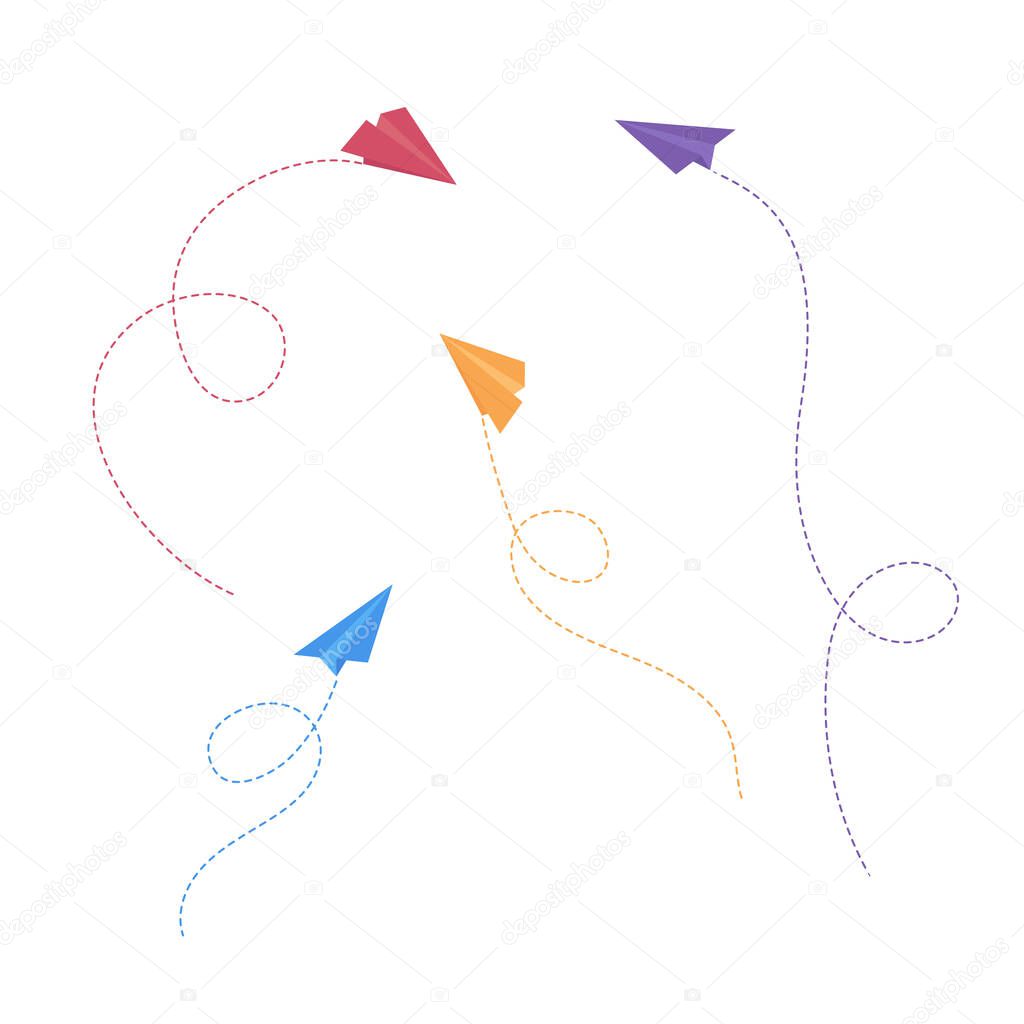 Paper airplanes with path flat vector illustration set.
