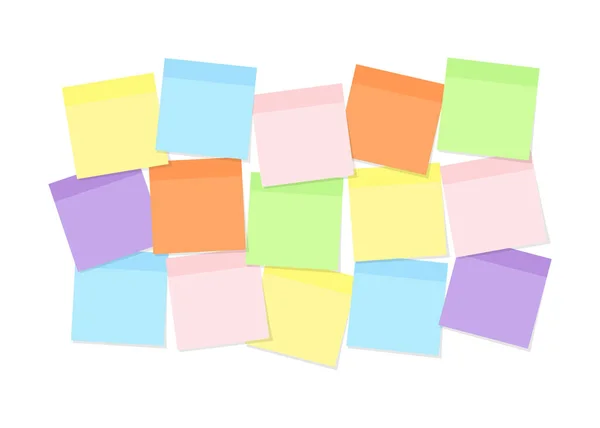 Colorful sticky note paper attached to board for memory notations, messages or tasks isolated on white background. — Stock Vector