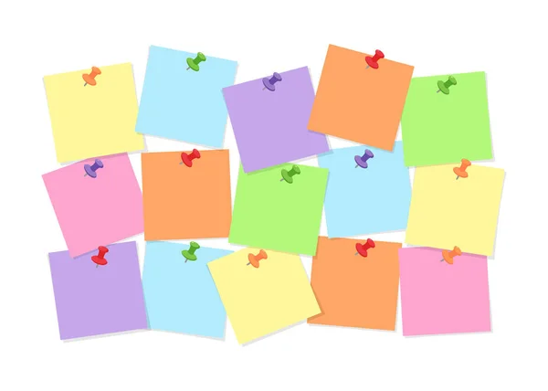 Papel de nota colorido adjunto al tablero con alfileres para anotaciones de memoria, mensajes o tareas . — Archivo Imágenes Vectoriales
