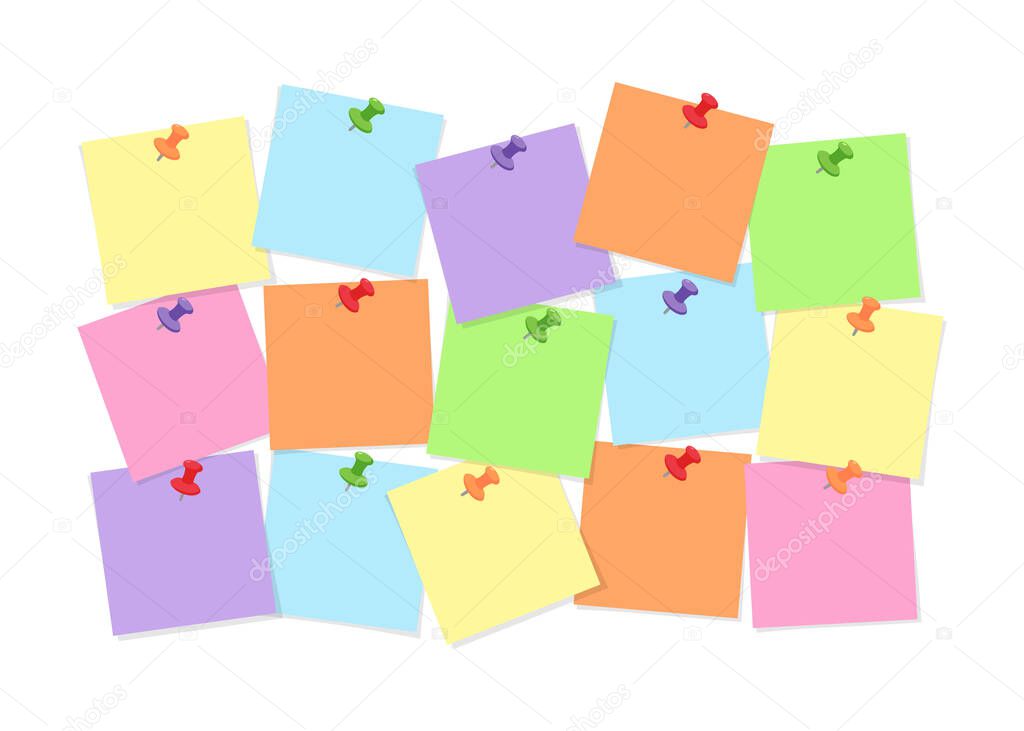 Colorful note paper attached to board with pins for memory notations, messages or tasks.