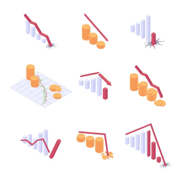 Set illustrazione vettoriale isometrica crisi economica - vari grafici finanziari e pile di denaro con tendenza al ribasso . — Vettoriale Stock