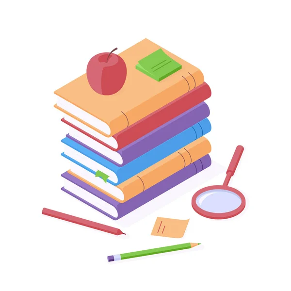 Okula geri dönüş izometrik kavramı - Düz vektör çizimi kağıt kitap yığını kalem, kalem ve elma ile. — Stok Vektör