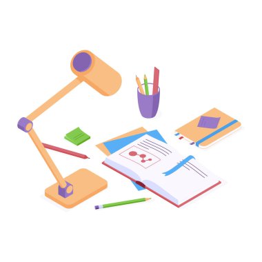Açık kağıt, masa lambası, defter ve kırtasiye malzemesi ile okul konseptine doğru izometrik eğitim vektörü.