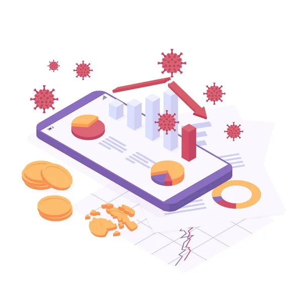 Ilustração do vetor isométrico da crise econômica do coronavírus - gráfico de análise de negócios com tendência de queda . —  Vetores de Stock