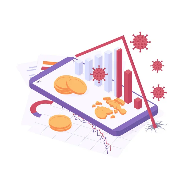 Illustrazione vettoriale isometrica della crisi economica di Coronavirus - grafico dell'analisi aziendale con tendenza al ribasso . — Vettoriale Stock