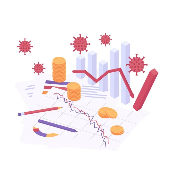 Illustrazione isometrica vettoriale della crisi economica di Coronavirus - grafico dell'analisi economica e finanziaria con tendenza al ribasso . — Vettoriale Stock