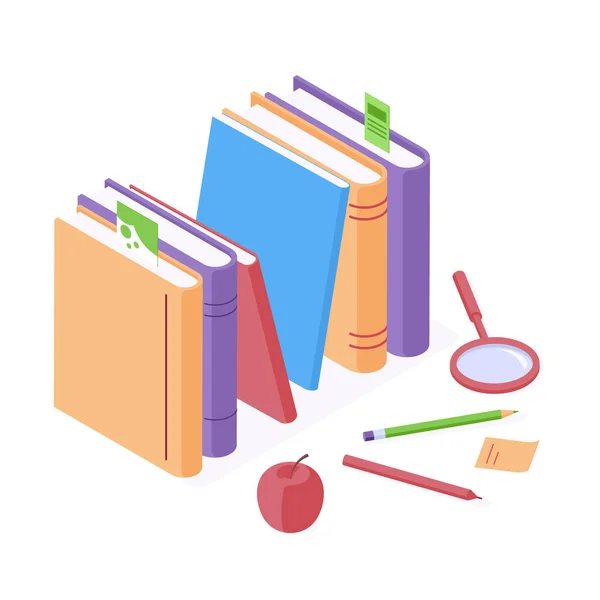 Education isometric vector illustration for back to school design - stack of paper books with bookmarks and stationery. — Stock Vector