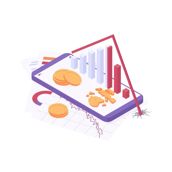 Illustrazione vettoriale isometrica di crisi economica - grafico di analisi aziendale con tendenza al ribasso monete rotte sul telefono cellulare . — Vettoriale Stock