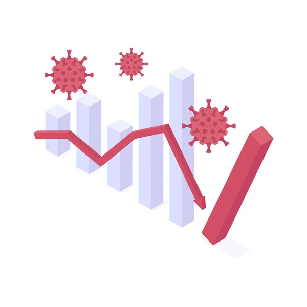Coronavirus Wirtschaftskrise isometrische Vektorabbildung - Wirtschaftskolumne mit rotem Pfeil und fallender Säule — Stockvektor