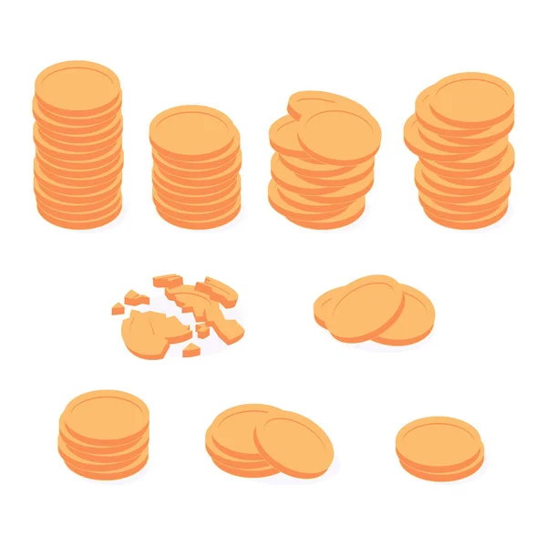 Изометрический набор монет - векторная иллюстрация различных стопок валюты . — стоковый вектор