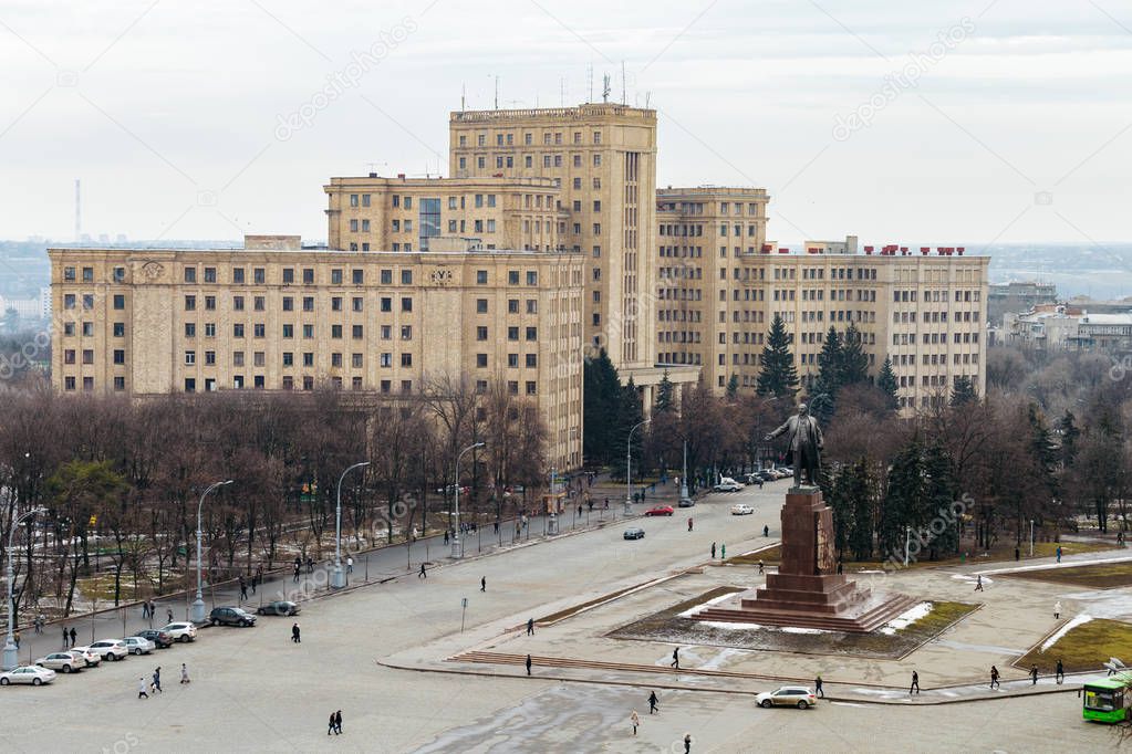 Top view of the Kharkiv National University and the Lenin monument on Freedom Square in Kharkov, Ukraine