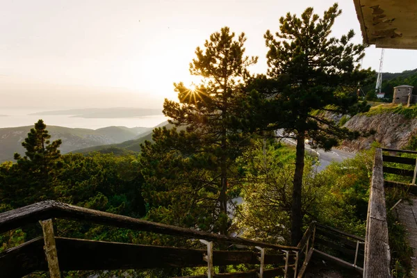 De stralen van de zonsondergang maken hun weg door de bomen op de berg in Kroatië Stockfoto