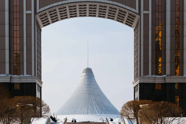 View of Khan Shatyr through the office of the company and the Park of Love in Astana, Kazakhstan.