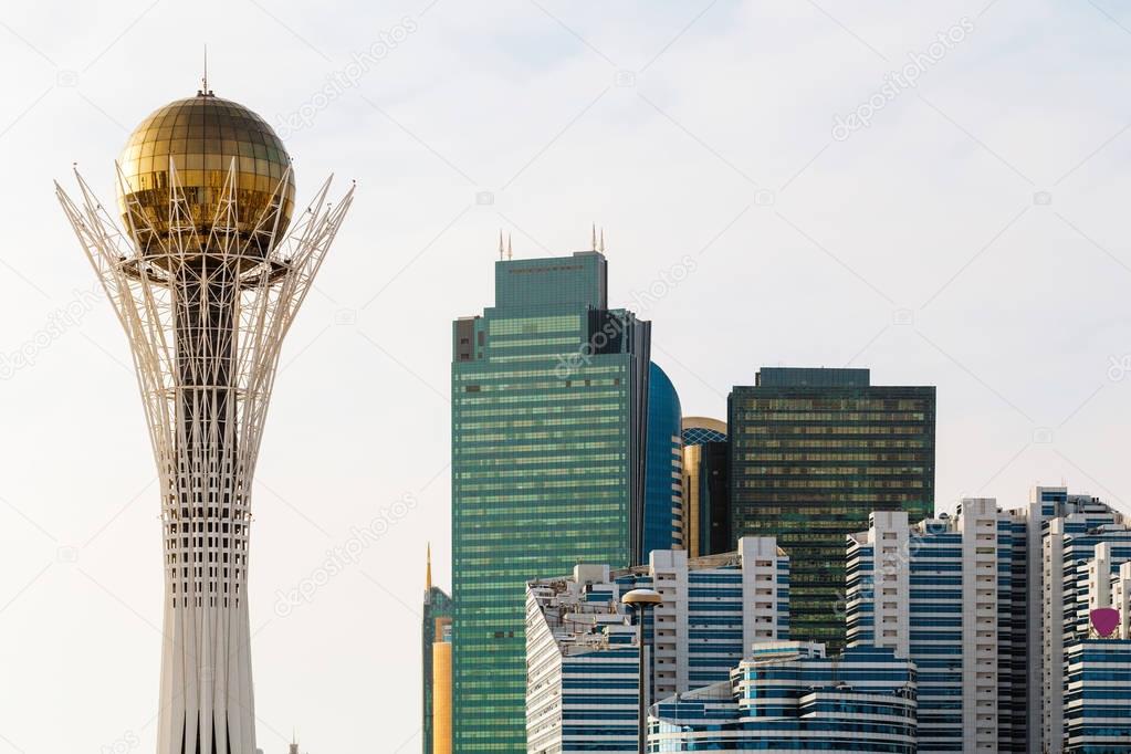 The Baiterek Monument and the business center with the new architecture of Astana, Kazakhstan