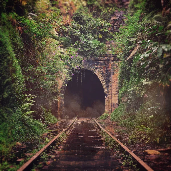 Spooky ομιχλώδη εγκαταλελειμμένα σιδηροδρομική σήραγγα — Φωτογραφία Αρχείου