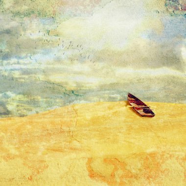 Surreal landscape of a row boat marooned in the desert. Grunge textured image. Deserted, drought, high and dry and environmental and climate change concepts clipart