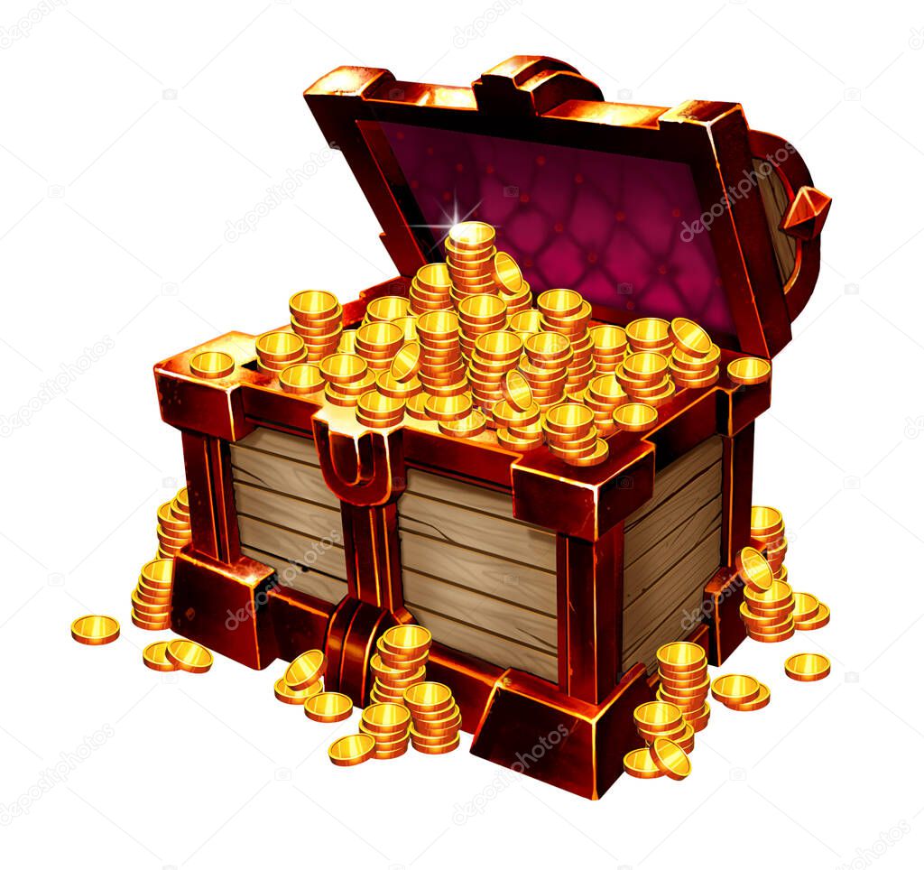 Golden chest open realistic illustration isolate. Antique jewelry box 3D illustration. A handful of gold coins.