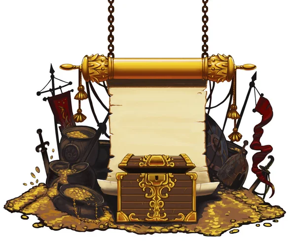 Gold Treasure Chest Scroll White Big Mountain Gold — Stock Photo, Image