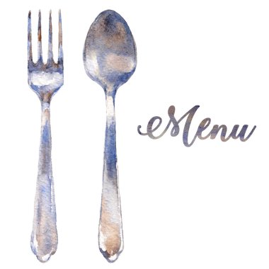 Silverware vintage tableware kitchen staff steel fork, plate, spoon and knife isolated cutlery watercolor illustration design for menu clipart