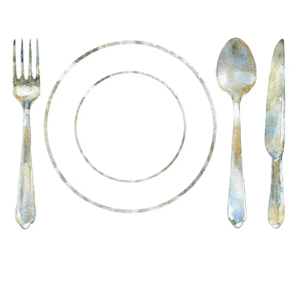 银器老式餐具厨房职员钢叉 勺子和刀分离餐具水彩插画设计菜单 — 图库照片