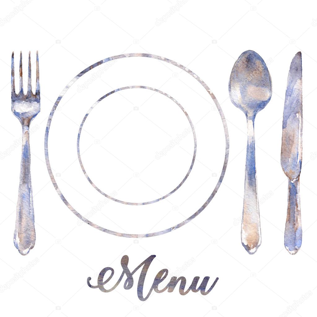 Silverware vintage tableware kitchen staff steel fork, plate, spoon and knife isolated cutlery watercolor illustration design for menu