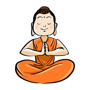 Buddha ile gülümseyen meditasyon lotus pozisyonu kroki elle çizilmiş çizimde beyaz zemin üzerine gözler kapalı