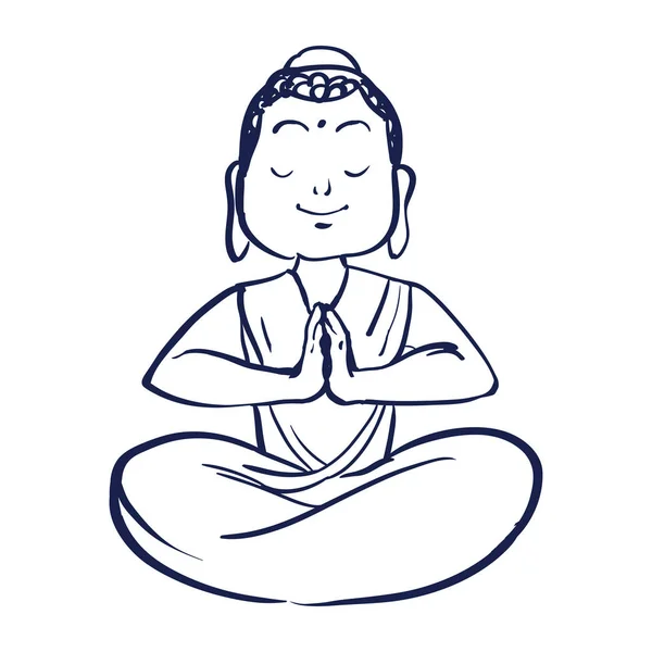 Meditando Buddha Sorridente Con Gli Occhi Chiusi Loto Posizione Schizzo — Vettoriale Stock