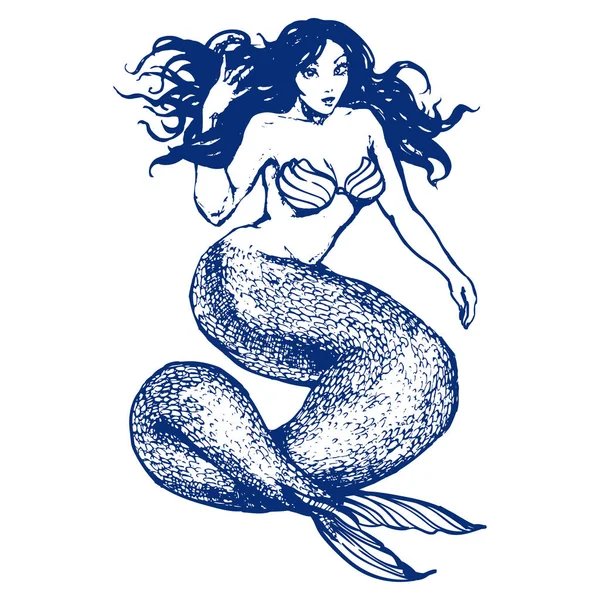 Fantaisie Fille Sirène Avec Longue Queue Encre Dessinée Main Croquis — Image vectorielle
