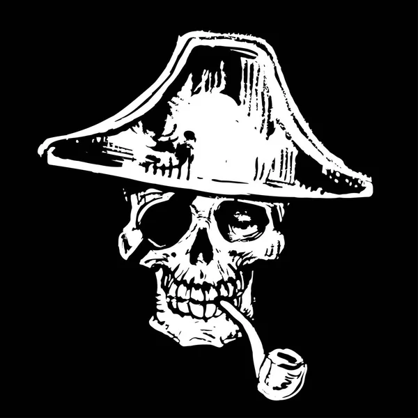 Cabeza Del Esqueleto Del Cráneo Pirata Triángulo Sombrero Tinta Mano — Archivo Imágenes Vectoriales