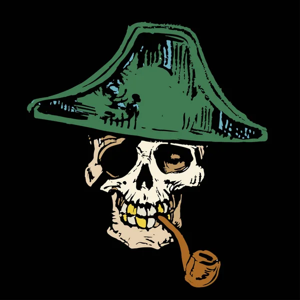 Cabeza Del Esqueleto Del Cráneo Pirata Triángulo Sombrero Tinta Mano — Archivo Imágenes Vectoriales