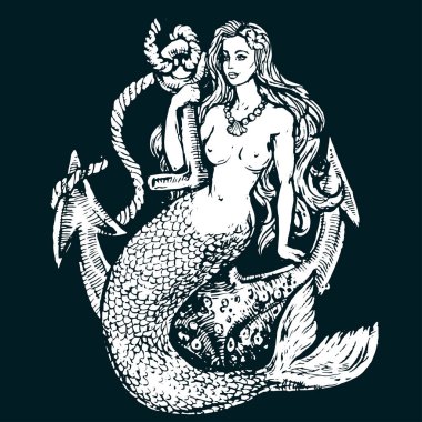 Kitap sayfa boyama için çapa dövme elle çizilmiş doodle mürekkep kroki hisse senedi vektör çizimi hat sanatı ile deniz kızı