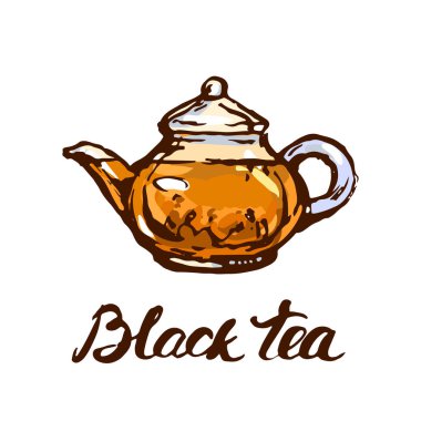 Cam çaydanlık sıcak çay mürekkep kroki ile el beyaz arka plan hat sanat doodle vektör üzerinde çizilmiş izole illüstrasyon