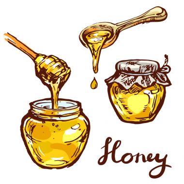 Tatlım kaşık set mürekkep kroki ile pot kavanoza el beyaz artalan doodle Hat sanatı üzerinde çizilmiş izole illüstrasyon