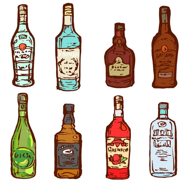 Botellas Vidrio Bebidas Alcohólicas Conjunto Diseño Colección Tinta Bosquejo Mano — Archivo Imágenes Vectoriales