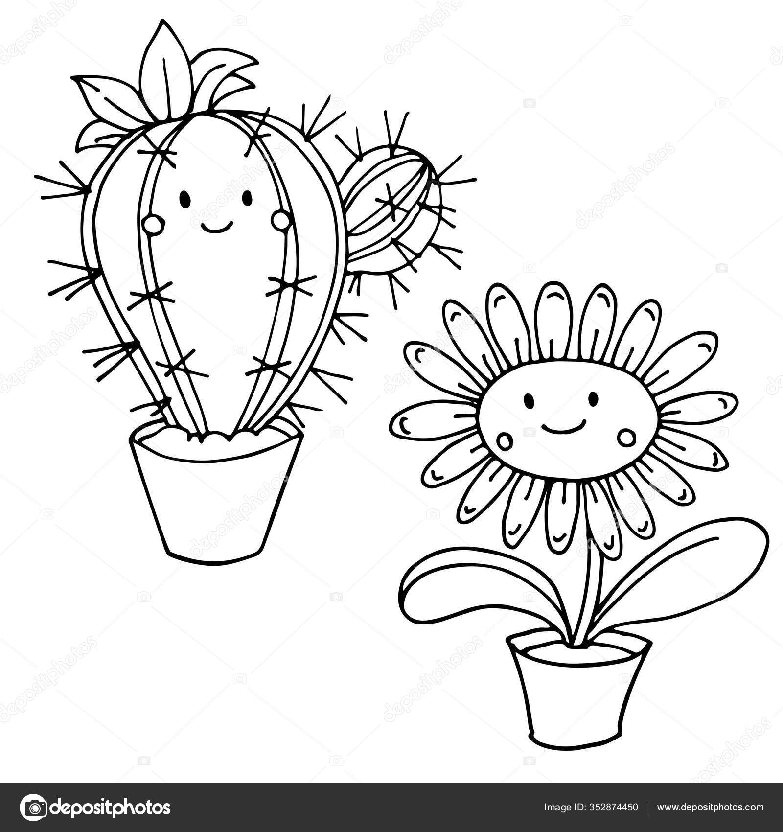Cute Cactus Daisy Flower Plants Smiling Face Line Art Hand Vector Image By C Nado Krasivo Vector Stock 352874450