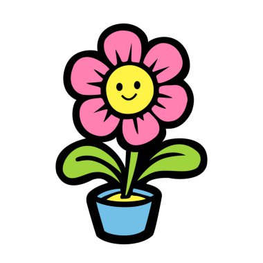 Gülümseyen yüzlü şirin Daisy Çiçeği, beyaz arkaplanda izole edilmiş renkli el çizimi stok vektörü çizimi