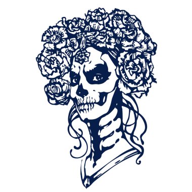 Kafatası şekeri kız. Santa Muerte suratı. Cadılar bayramı makyajı ve gül çelengi olan kadın. Siyah ve beyaz el çizilmiş hisse senedi vektör çizimi, beyaz arkaplanda izole edilmiş dövme çizimi.