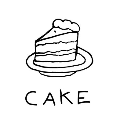 Tabaktaki tatlı pasta parçası. Beyaz arkaplana elle çizilmiş hisse senedi vektör çizimi. Tebrik kartı ve poster tasarımı