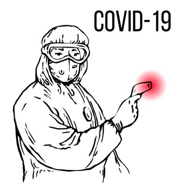 Koruyucu giysili bir adam ve ısıyı ölçen bir cihazı olan bir maske. Koronavirüs enfeksiyonu riski var. Covid-19 istilasına karşı önleyici önlemler.