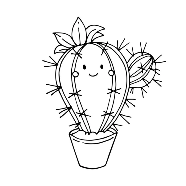 Pianta Cactus Carino Con Volto Sorridente Disegno Vettoriale Disegnato Mano — Vettoriale Stock