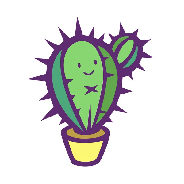 Pianta Cactus Carino Con Icona Disegnata Mano Faccia Sorridente Illustrazione — Vettoriale Stock