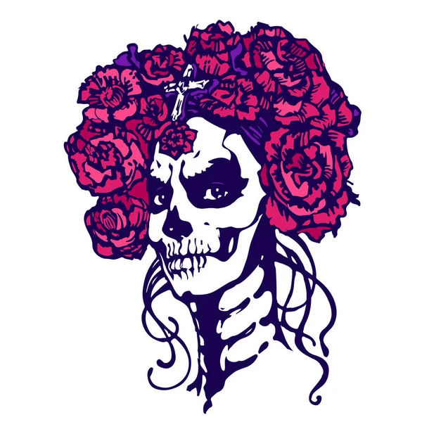 Chica Del Cráneo Azúcar Cara Santa Muerte Mujer Con Maquillaje — Vector de stock