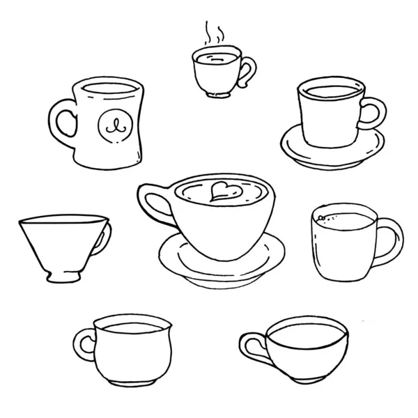 Kaffee Und Teetasse Vorhanden Handgezeichnetes Symbolset Line Art Doodle Skizze — Stockvektor
