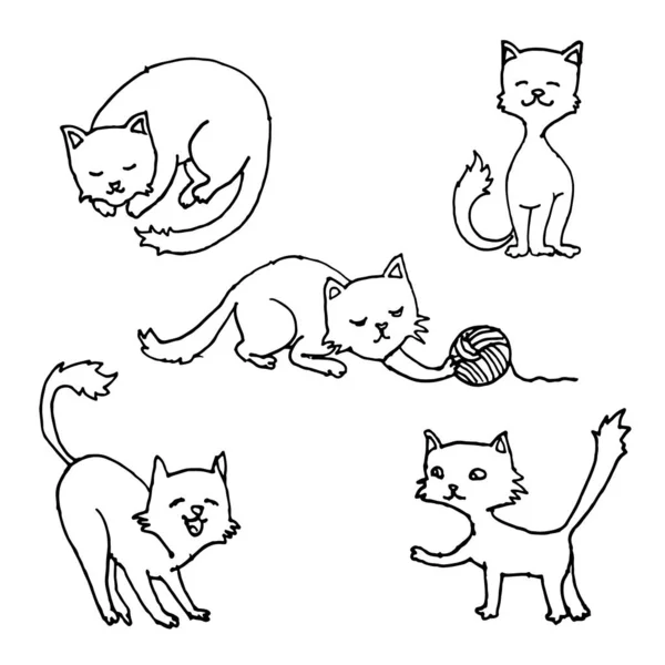 Cute White Cat Kitty Different Poses Hand Drawn Line Art — Stock Vector