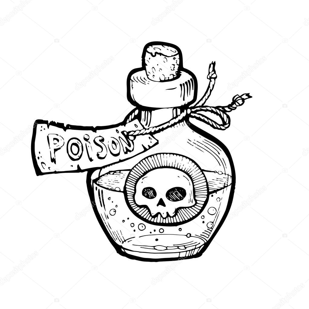 Poison bottle icon, black and white hand drawn line art, stock vector illustration isolated on white background
