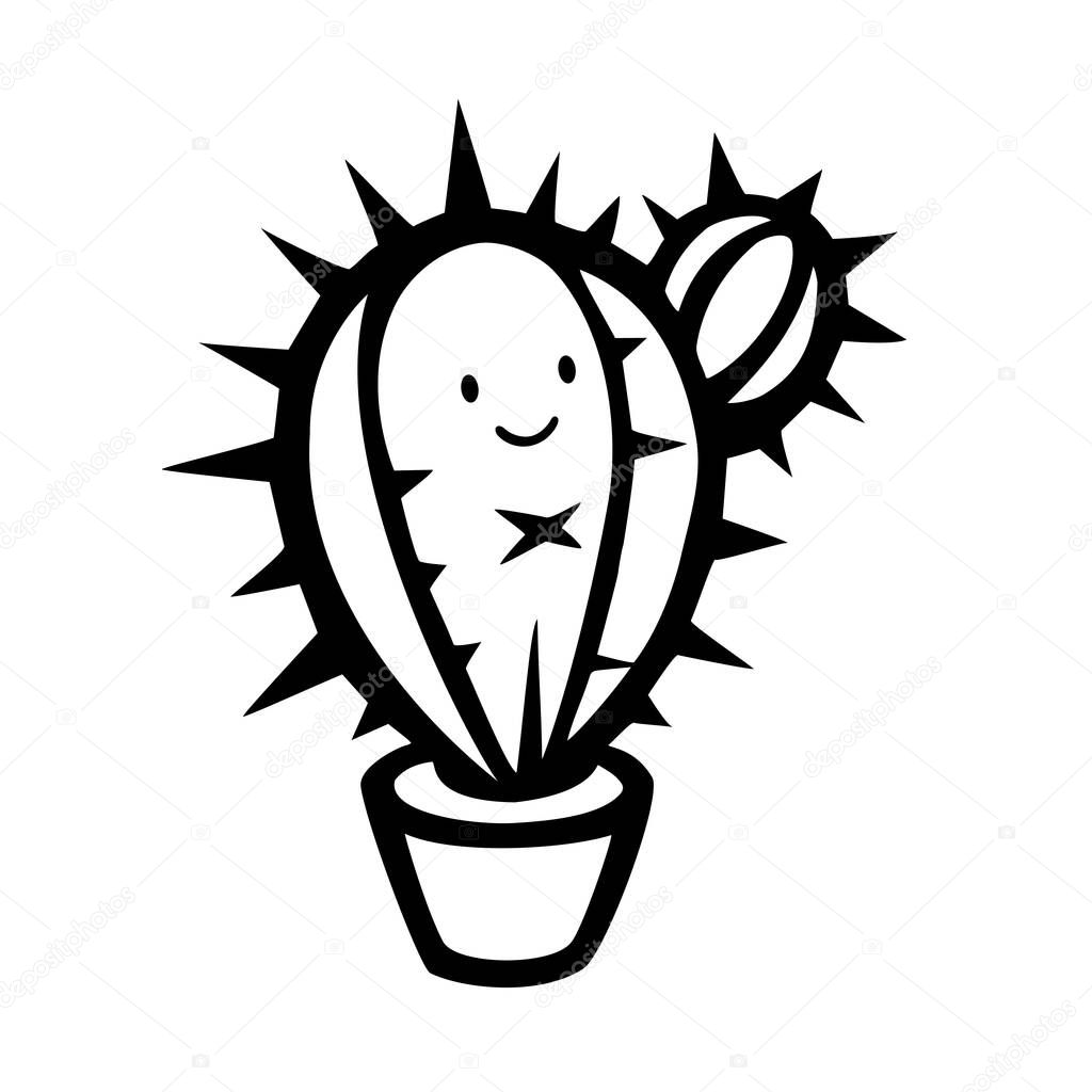 Cute Cactus plant with smiling face, black and white hand drawn stock vector illustration isolated on white background, design for coloring book page