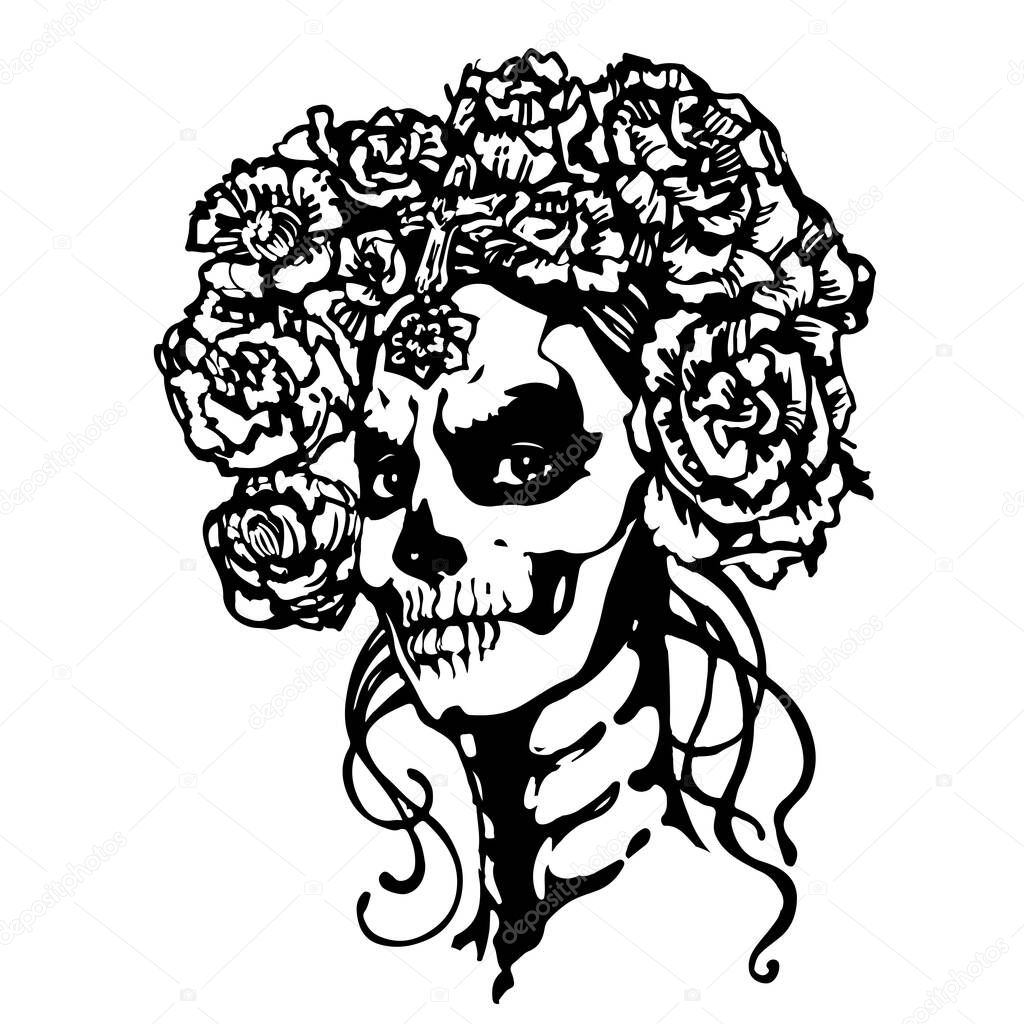 Sugar skull girl. Santa muerte face. Woman with halloween make up and roses wreath. Black and white Hand drawn stock vector illustration, tattoo sketch isolated on white background.
